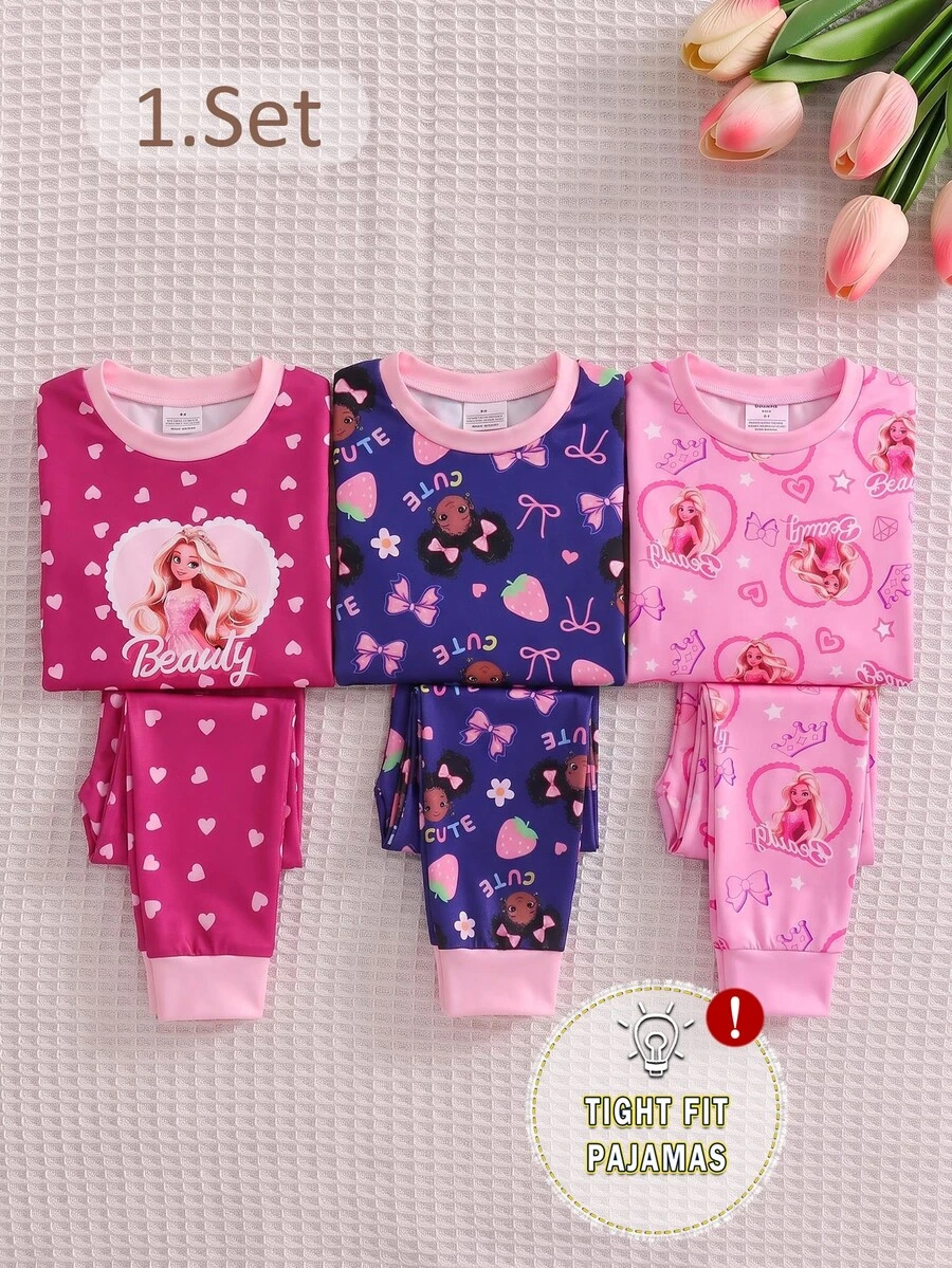 2pcs/Set Young Girls Pajamas Cute Princess Print Long Sleeve Long Pants Knit Snug Fit Sleepwear Loungewear Set - Pink - View 1