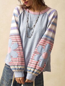 Bohemela 女款休閒針織拼色圓領寬鬆長袖衛衣，適合秋冬穿著 - 彩色 - 查看 1