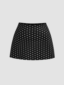 Sweetra Plus Size Early Autumn Ribbed Watermark Polka Dot Asymmetric Neckline Fitted Top And Bodycon Mini Skirt 2 Pieces Set - Black and White - View 9
