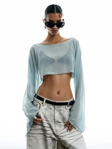 LYSMO Women's Rhinestone Embellished Casual Versatile Daily Wear Shirt, Fall Clothes, Social Blouse, Y2k, Chic Top Halloween - Mint Blue - View 7