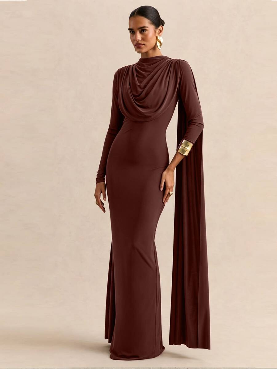 Vesra Gaun Wanita Polos Lengan Panjang Berlipit dengan Desain Pita, Potongan Slim Fit, Elegan - Coklat - View 1