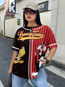 LOONEY TUNES X SHEIN 大尺碼女款字母卡通印花休閒日常短袖T恤 - 白色 - 查看 3