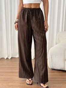 SHEIN PETITE Women's Casual Tie Waist Straight Leg Pants, Suitable For Summer - Brown - View 1
