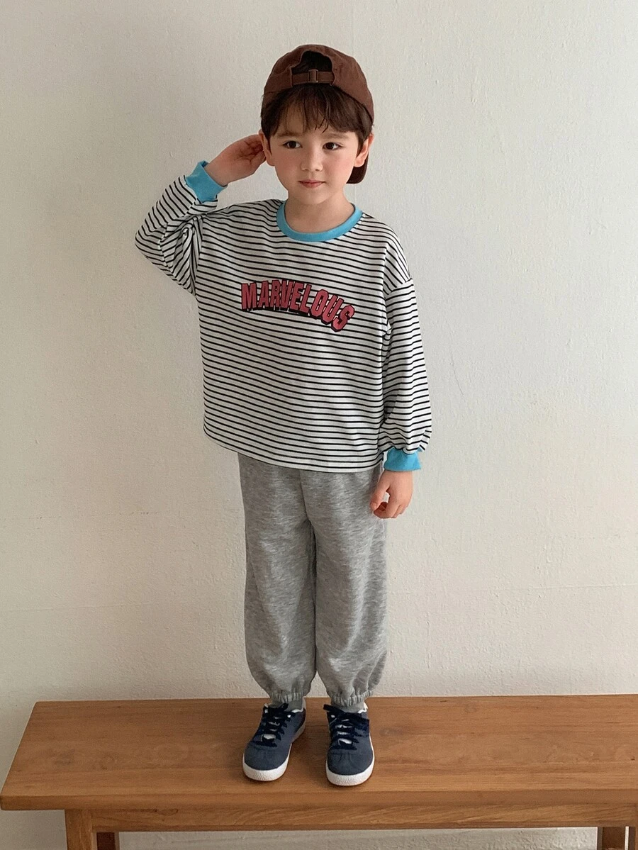 Dazy Kids 男童 (小號) 寬鬆條紋拼接字母印花運動衫 + 錐形運動長褲 2 件套 秋季 - 黑色 - 查看 1
