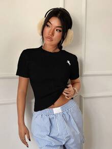 SHEIN Unity Casual Versatile Short Sleeve Knit Top - Black - View 3