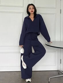 Dazy Tall Women's Loose Pullover Sweater And Long Pants Casual Knitwear 2 Pieces Set - Navy Blue - View 7