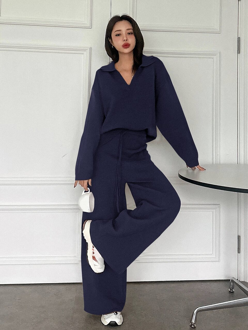 Women's Loose Pullover Sweater And Long Pants Casual Knitwear 2 Pieces Set