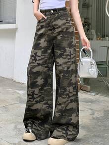 Dazy Tall Women's Camouflage Print Button Street Casual Denim Jeans Summer Everyday Going Out Forest Green - Army Green - View 5