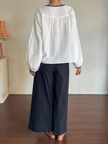 DAZY Autumn Elegant Contrast Color Tie Drawstring Petal Sleeve Women's Pajama Set - White - View 2