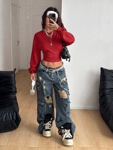 Coolane 女款素色街頭風抓皺腰短版運動衫 - 紅色 - 查看 4