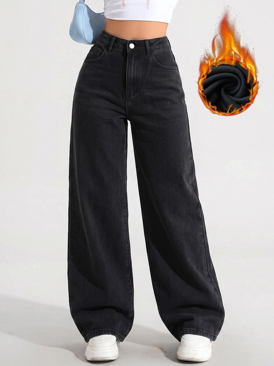 SHEIN ICON Women's Casual Versatile Denim Long Pants With Pockets And Buttons For Daily Wear - Black - View 1
