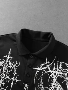 ROMWE MEN Men's Cross Slogan Print Long Sleeve Polo Shirt - Black - View 8