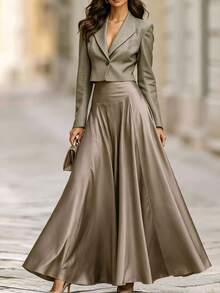 SHEIN Oatmeal Grey Blended Short Blazer + Satin Full Skirt Set, French Style Two Pieces Set, Elegant Two Pieces Set, Old Money Luxury Texture Fabric, Suitable For Commute, Business, Banquet, Date, Vacation - Champagne - View 5