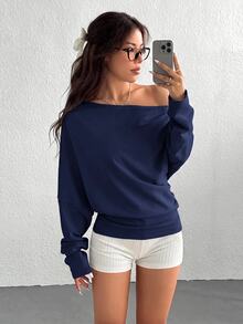 SHEIN EZwear 女款休閒舒適海軍藍長袖運動衫，秋冬款 - 藏蓝色 - 查看 4