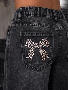 Tween Girl Y2k Fashion Casual Leopard Print Bow Pattern Black Denim Loose Jeans For Black To School - Black - View 6