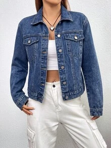 SHEIN EZwear 女款長袖單排扣休閒牛仔夾克 - 深色水洗藍 - 查看 3