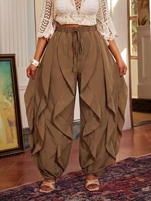 Maweii Plus Size Ruffle Tie Design Street Fashion Pants Fall - Brown - View 4