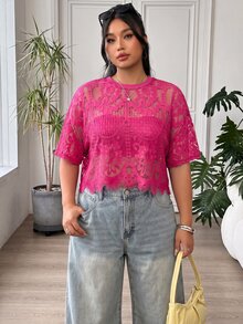 Solflare Plus Size Women's Sheer Lace Top In Rose Red - Hot Pink - View 3