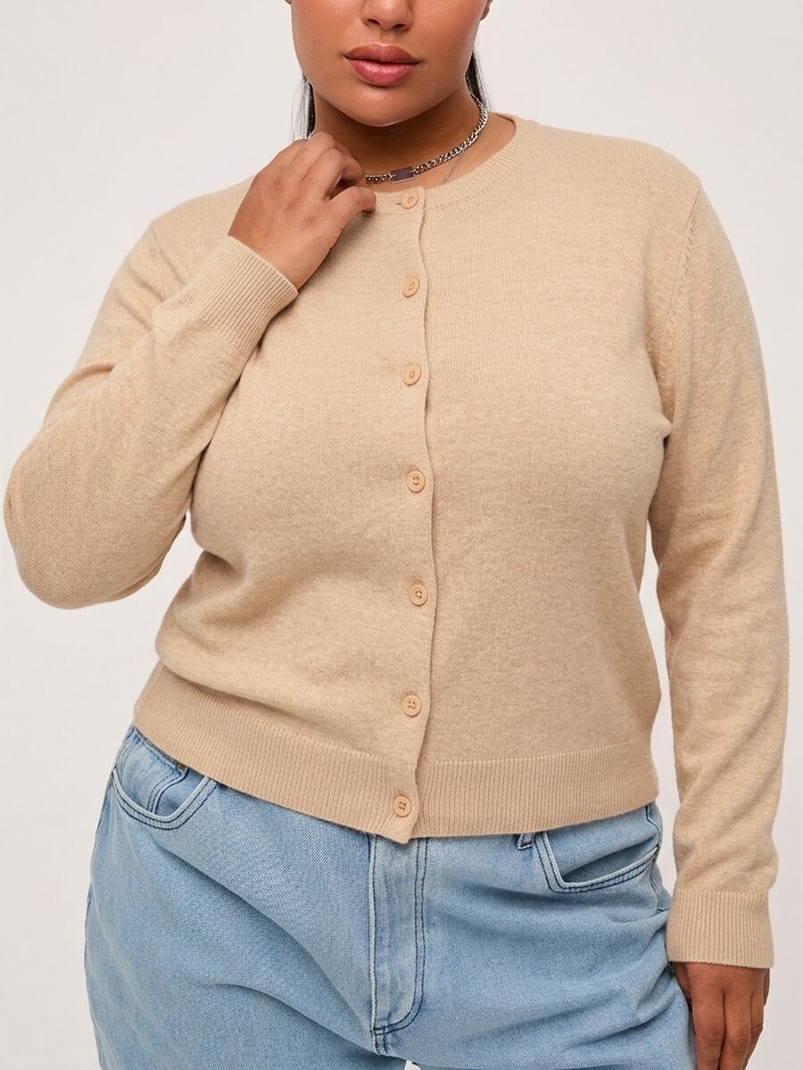 SHEIN BASICS 休閒純色長袖開襟針織衫,大尺碼秋冬服飾 - 杏色 - 查看 1