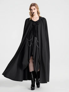 Breakform Halloween Gothic Style Women's Fashion Solid Color Hooded Velvet Lace-Up Open Front Oversized Cape Coat - Black - View 5