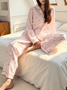 Napfluff 泡泡皺褶愛心印花女款開襟領睡衣套裝 - 淺粉色 - 查看 3