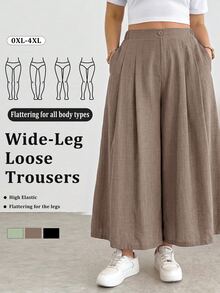 Shapeblank Plus Size Casual Button Pocket Pleated Loose Pants Fall - Mocha Brown - View 7