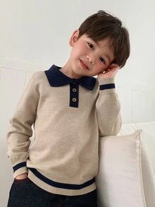 DAZY Boys' (Small) Contrast Color Polo Collar Long Sleeve Sweater Top, Autumn/Winter Layering - Apricot - View 6