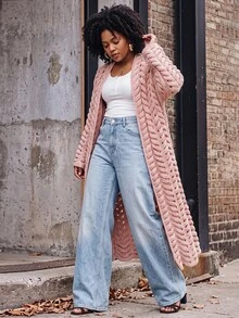 Slaydiva Cardigan Rajut Wanita Ukuran Besar, Mantel Panjang Rajut Kabel Berongga Warna Nude, Mantel Duster Depan Terbuka untuk Musim Gugur - Berwarna merah muda - View 3