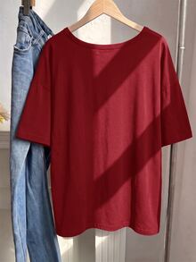 Muchica Burgundy Plus Size Women's V-Neck Drop Shoulder Sleeve T-Shirt - Burgundy - View 2