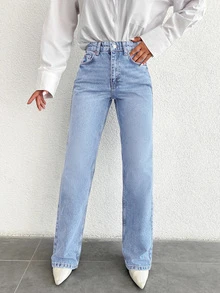 SHEIN Cottnline Plus High Waist Casual Style Light Blue Wash Regular Fit Buton Front Straight Jean Formal Club Summer - Light Wash - View 1