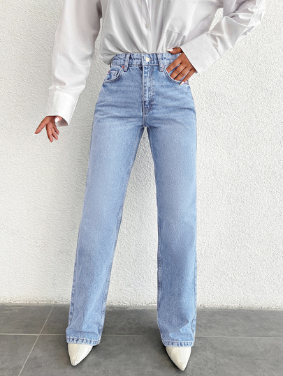 SHEIN Cottnline Plus High Waist Casual Style Light Blue Wash Regular Fit Buton Front Straight Jean Formal Club Summer