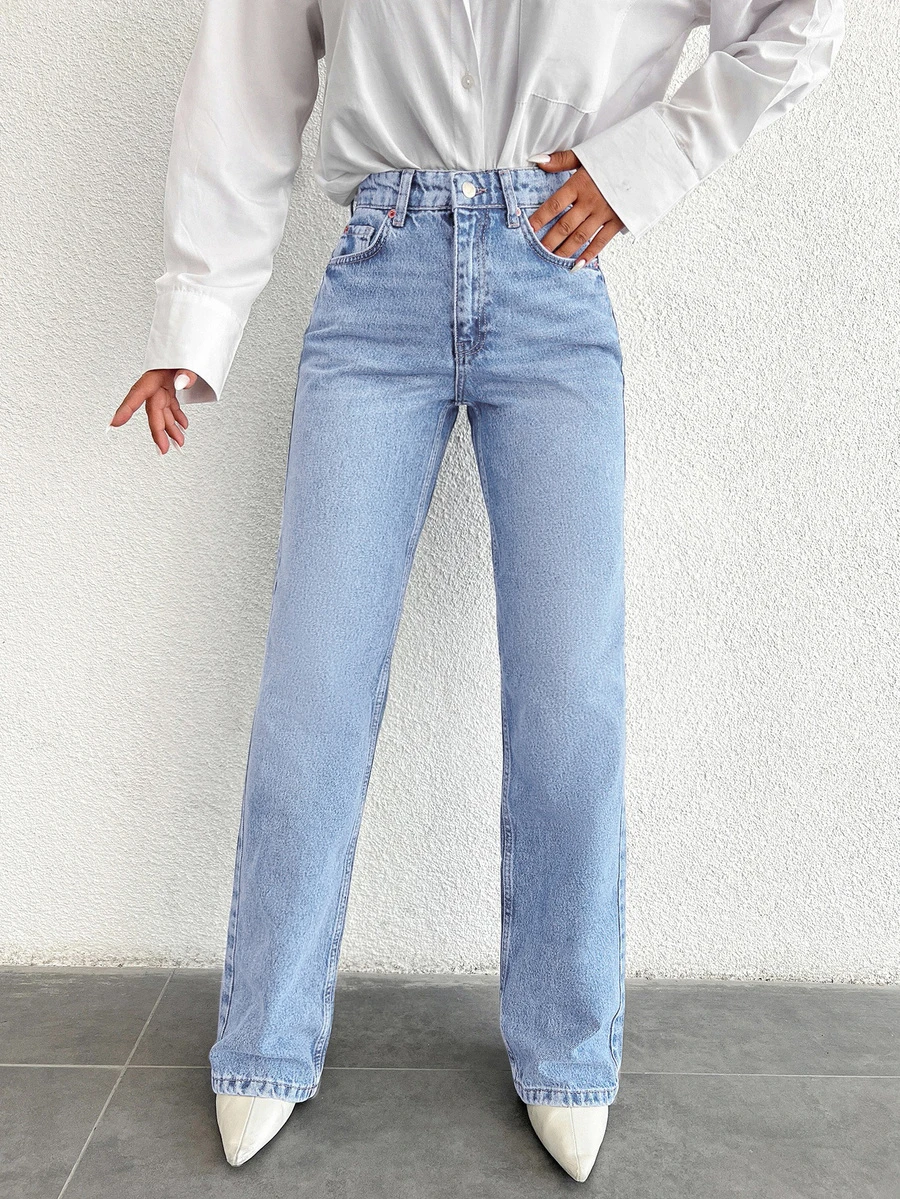 SHEIN Cottnline Plus High Waist Casual Style Light Blue Wash Regular Fit Buton Front Straight Jean Formal Club Summer - Light Wash - View 1