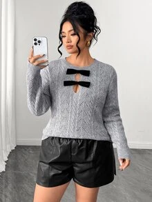 Elenzga Hollow Cable Round Neck Double Bow Front Cutout Slim Fit Long Sleeve Sweater - Grey - View 5
