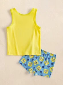 SpongeBob SquarePants | SHEIN مجموعة توب بدون أكمام وشورت مطبوعة برسومات كرتونية للأولاد الصغار - الأزرق - مشاهدة 2
