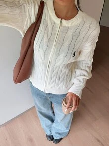 SHEIN Cardigan Wanita Minimalis Serbaguna Gaya Preppy Fashion Kasual untuk Perjalanan Sehari-hari, Bordir, Resleting, Cocok untuk Sekolah, Warna Putih, Musim Gugur - Krem - View 4