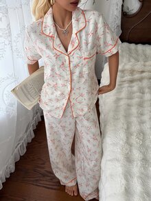 CottageSlumber Women's Floral Print Lapel Short Sleeve Long Pants Bubble Crinkle Pajama Set - Burnt Orange - View 7