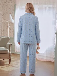 CottageSlumber Plus Size Lapel Puff Sleeve Striped Plaid Pineapple Print Romantic Style Long Sleeve Top And Pants Pajama Set, Women's Pajama Set, Suitable For Home And Outdoor Wear - Blue - View 2