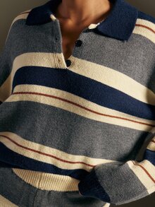 Hauture Women's Colorblock Striped Polo Dropped Shoulder Sweater And Shorts 2-Piece Set, Loose Long Sleeve Knit Pullover Matching Outfit, Casual Set - Multicolor - View 6