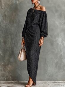 Omancia Gaun Kasual Longgar dengan Bahu Asimetris, Lengan 3/4, Motif Garis-garis untuk Wanita - Hitam dan Putih - View 3