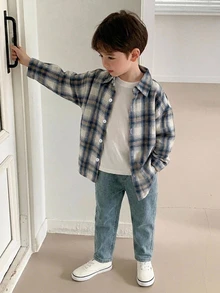 DAZY Young Boys Plaid New Loose Fit Long Sleeve Shirt Top, Autumn Basic Casual Style - Blue - View 4