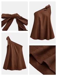 Maija Loose Asymmetric Neck Tie Strap Tank Top With Contrast Stitching, Linen Blend, Casual Comfortable Beach Brunch Vacation Minimalist Coffee Brown Summer - Brown - View 8