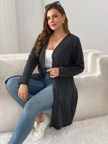 Shapeblank Plus-Size Women's Autumn/Winter Casual Western Gothic Stretch Grey Long Cardigan Office Formal Teacher Club - Black - View 6
