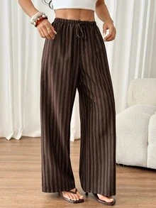 SHEIN PETITE Women's Casual Tie Waist Straight Leg Pants, Suitable For Summer - Brown - View 3