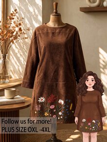 Rusticease Gaun Lengan Panjang Motif Bunga Sederhana Ukuran Plus - Coklat - View 1