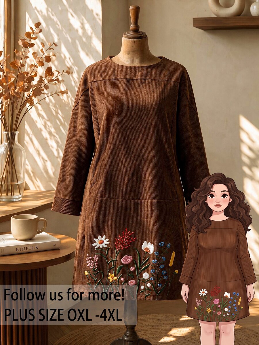 Rusticease Gaun Lengan Panjang Motif Bunga Sederhana Ukuran Plus - Coklat - View 1