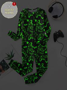 Boys' Game Console Neon Colorful Pattern Front Zipper Long Sleeve Long Jumpsuit Snug Fit Loungewear - Multicolor - View 1