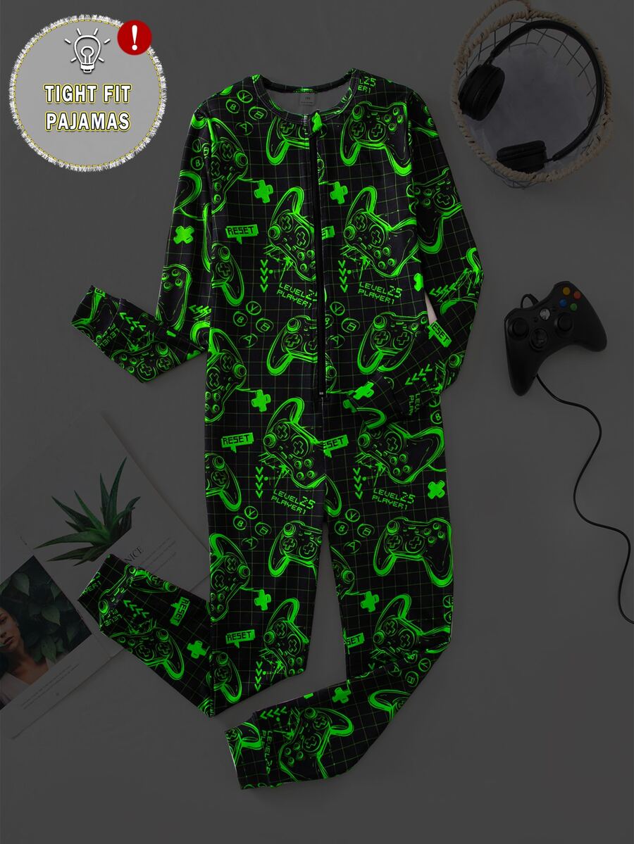 Boys' Game Console Neon Colorful Pattern Front Zipper Long Sleeve Long Jumpsuit Snug Fit Loungewear - Multicolor - View 1