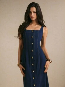 Poéselle 女款長版鈕扣前襟牛仔洋裝，修身收腰藍色秋季優雅仙女長裙，聖誕洋裝、返校舞會禮服 - 深色水洗藍 - 查看 6