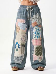 Bohemela Plus Size Women's High Waist Baggy Wide Leg Lace Patchwork Denim Jeans With Drawstring Waist - Medium Wash - View 5