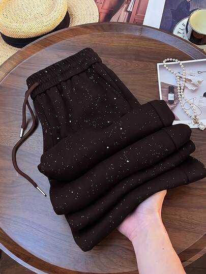 Franclia Calças de fato de treino femininas castanho escuro para outono, casuais com brilho, cordão, cintura elástica, joggers largas, look urbano diário